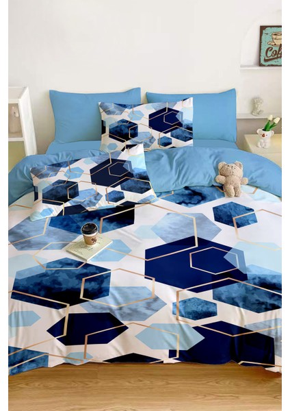 Amor Home Çift Kişilik  Pamuk Saten Nevresim Takımı Blue Hexagon