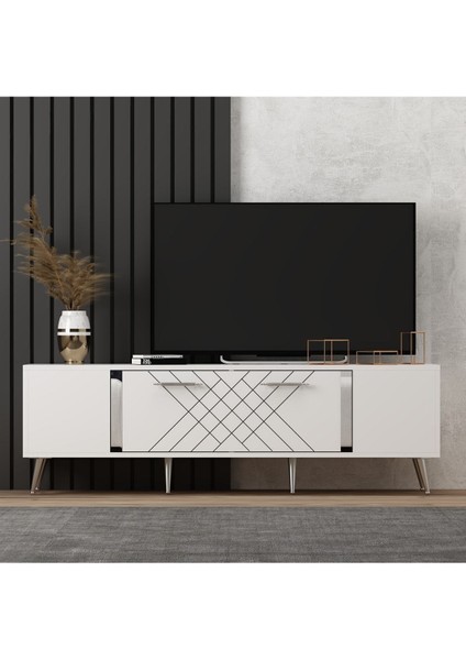 Detasdh 150 cm Lazer Desenli Tv Ünitesi Beyaz-Gümüş