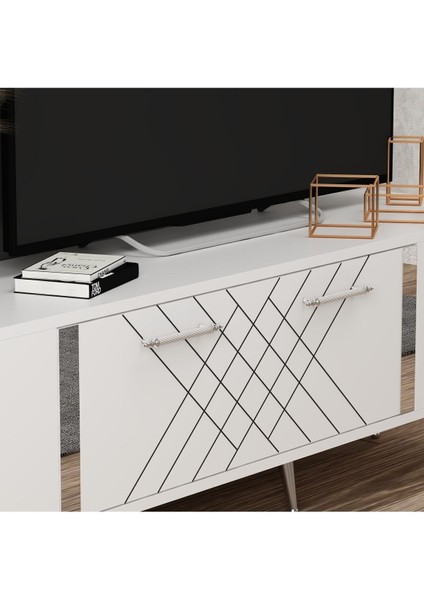 Detasdh 150 cm Lazer Desenli Tv Ünitesi Beyaz-Gümüş