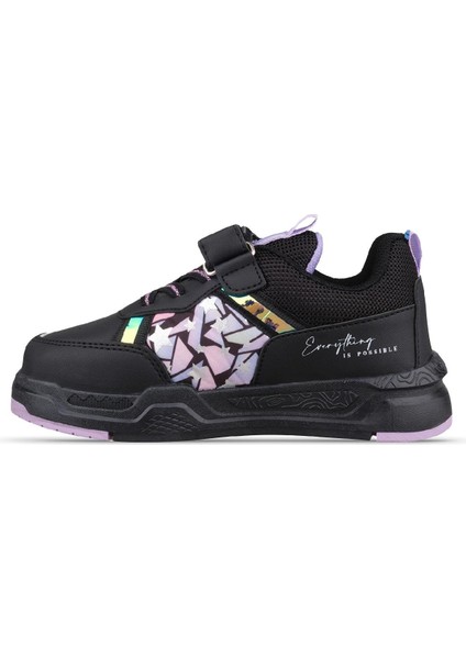 Büyük Kız Çocuk Bağcıklı / Velcro Siyah-Mor Sneaker