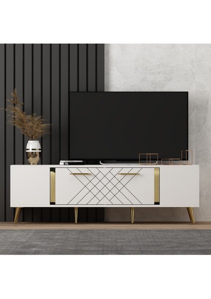 Demonte Home Mobilya Detasdh 150 cm Lazer Desenli Tv Ünitesi Beyaz-Altın