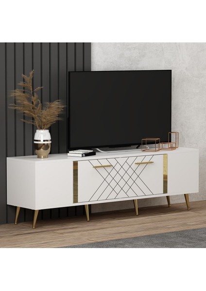 Demonte Home Mobilya Detasdh 150 cm Lazer Desenli Tv Ünitesi Beyaz-Altın