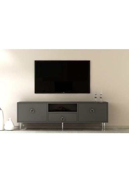 Droopdh Tv Ünitesi 2 Kapaklı, Raflı ve Çekmeceli Antrasit-Gümüş