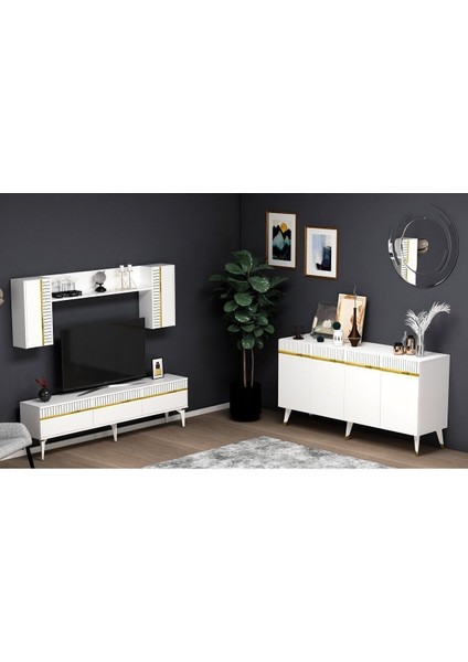 Defnedh 180 cm Tv Ünitesi ve Konsol 2'li Salon Takımı Beyaz Altın