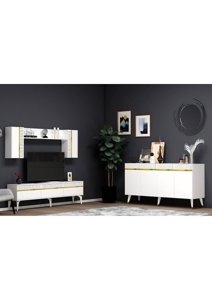 Defnedh 180 cm Tv Ünitesi ve Konsol 2'li Salon Takımı Beyaz Altın fiyatları