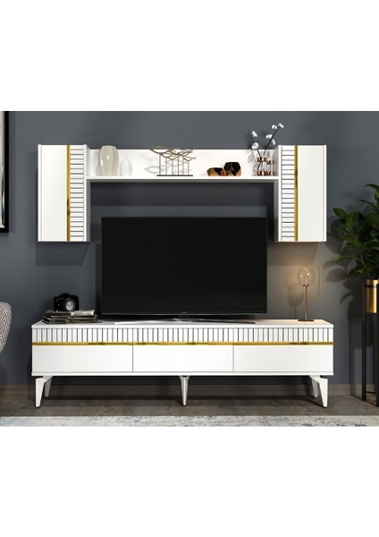 Defnedh 180 cm Tv Ünitesi ve Konsol 2'li Salon Takımı Beyaz Altın fırsatları