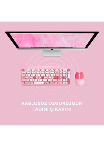 KM-6244 BUNNY Renkli Tuşlu Pembe 2.4 ghz + BT Kablosuz Q Multimedia Klavye + Mouse Set