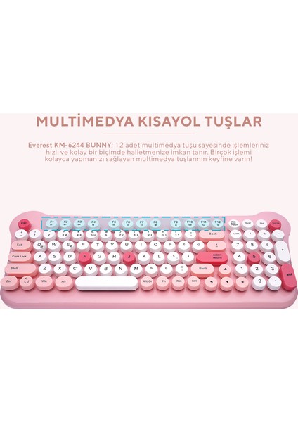 KM-6244 BUNNY Renkli Tuşlu Pembe 2.4 ghz + BT Kablosuz Q Multimedia Klavye + Mouse Set
