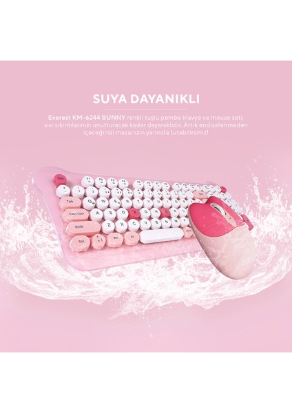 KM-6244 BUNNY Renkli Tuşlu Pembe 2.4 ghz + BT Kablosuz Q Multimedia Klavye + Mouse Set