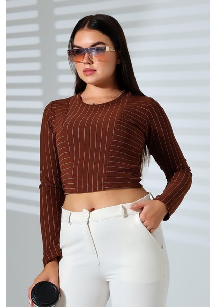 Kadın Çizgili Krep Kollu Örme Crop