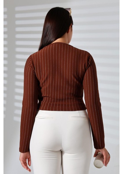 Kadın Çizgili Krep Kollu Örme Crop