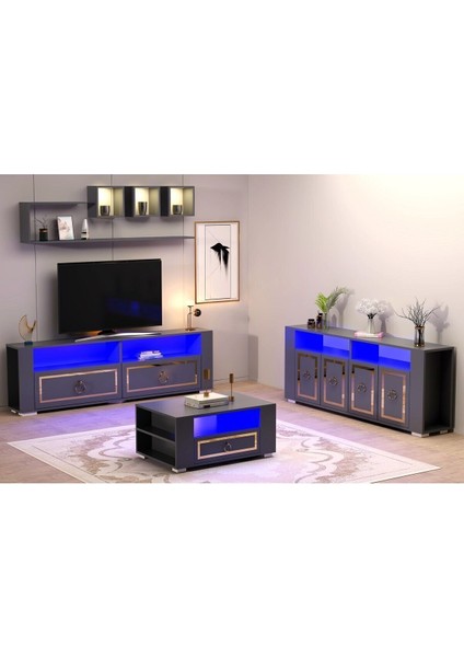 Calvindh LED Aydınlatmalı ,spot Işıklı Tv Ünitesi, Orta Sehpa ve Konsol Salon Takımı Antrasit-Altın