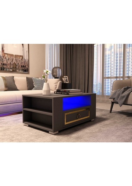 Calvindh LED Aydınlatmalı ,spot Işıklı Tv Ünitesi, Orta Sehpa ve Konsol Salon Takımı Antrasit-Altın