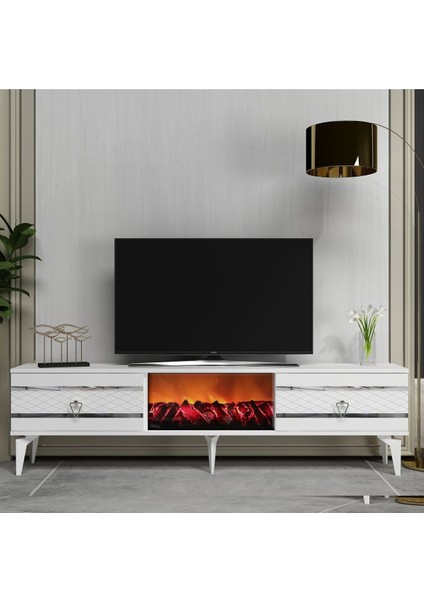 Pelindh Tv Sehpası Şömineli Beyaz-Gümüş