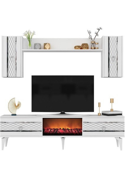 Pelindh Tv Ünitesi Takımı Şömineli Beyaz-Gümüş modelleri