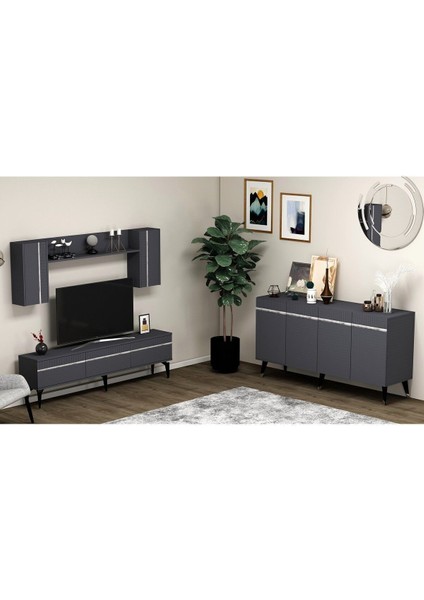 Defnedh 180 cm Tv Ünitesi ve Konsol 2'li Salon Takımı Antrasit Gümüş