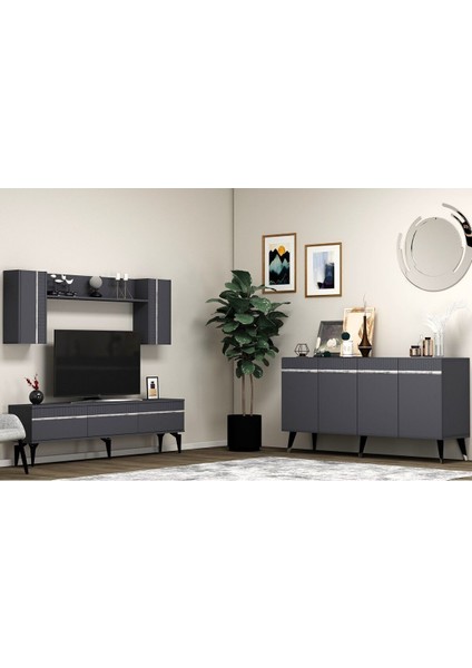 Defnedh 180 cm Tv Ünitesi ve Konsol 2'li Salon Takımı Antrasit Gümüş