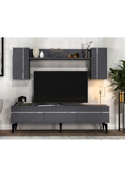 Defnedh 180 cm Tv Ünitesi ve Konsol 2'li Salon Takımı Antrasit Gümüş