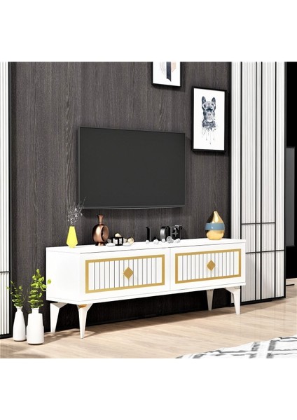 Demonte Home Mobilya Vennadh 120 cm Tv Ünitesi Beyaz Altın