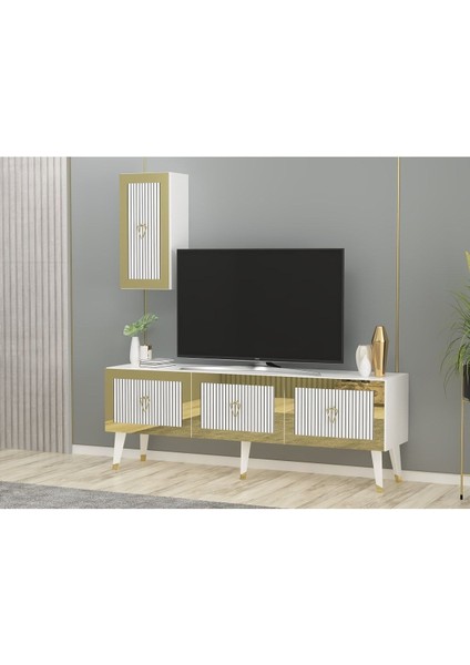 Demonte Home Mobilya Baredh 150 cm Lazer Desenli Tv Ünitesi Beyaz-Altın