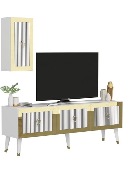 Demonte Home Mobilya Baredh 150 cm Lazer Desenli Tv Ünitesi Beyaz-Altın