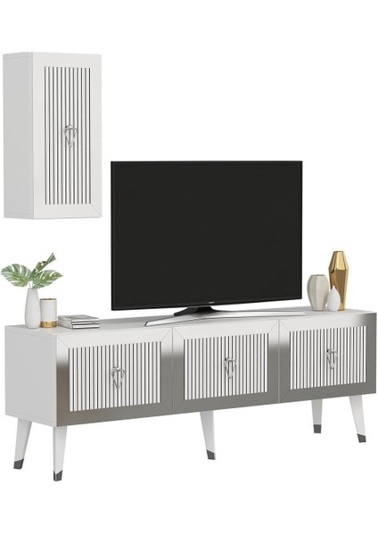 Baredh 150 cm Lazer Desenli Tv Ünitesi Beyaz-Gümüş