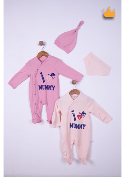 Babyhola %100 Pamuk I Love Mummy 2'li Çıtçıtlı Patikli Tulum Önlük Bere 4'lü Takım 539