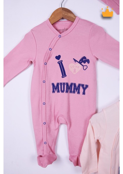 Babyhola %100 Pamuk I Love Mummy 2'li Çıtçıtlı Patikli Tulum Önlük Bere 4'lü Takım 539