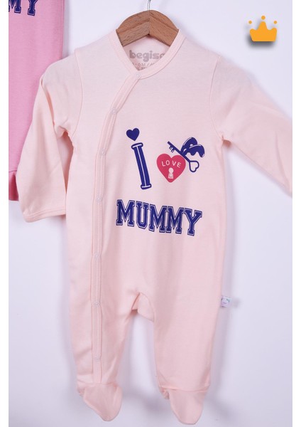 Babyhola %100 Pamuk I Love Mummy 2'li Çıtçıtlı Patikli Tulum Önlük Bere 4'lü Takım 539