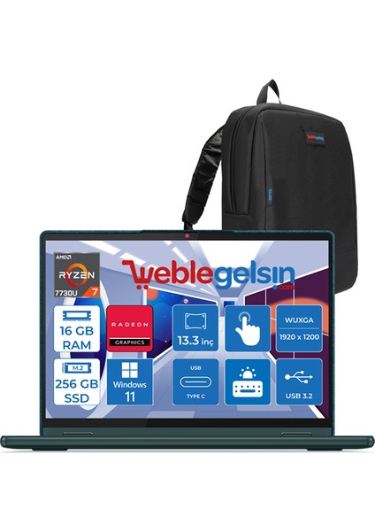 Yoga 6 Ryzen 7 7730U 16GB 256GB SSD 13.3" IPS 300NITS Wuxga Dolby Vision Windows 11 Home Taşınabilir Bilgisayar L83B2008RTXWH01 + Zetta Çanta