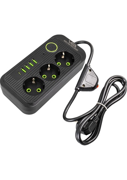 VA-21565 Akım Korumalı Priz 3'lü 1.5 Metre Kablolu Çocuk Korumalı 3 USB 1 Type-C Portlu
