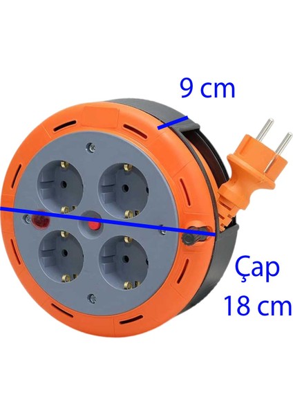 Plastik Mini Kutulu Makaralı Seyyar 3x1.0 mm Cca Monofaze Uzatma Kablosu 4 Priz Ttr Kablo 5 Metre