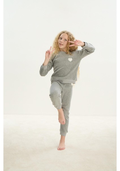 Kız Çocuk Uzun Kol Polar Gri Melanj Pijama Takım C0T5N7O8
