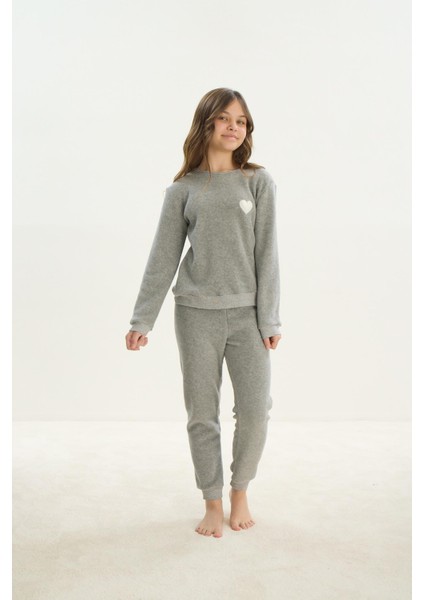 Kız Çocuk Uzun Kol Polar Gri Melanj Pijama Takım C0T5N7O8