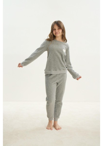 Kız Çocuk Uzun Kol Polar Gri Melanj Pijama Takım C0T5N7O8