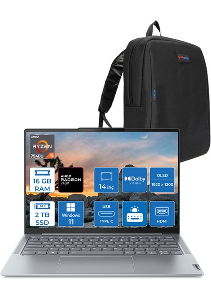 Yoga Slim 6 Ryzen 5 7540U 16GB Lpddr5 Ram 2tb SSD 14" OLED Wuxga Dolby Vision Windows 11 Pro L82X3004GTXWP03 + Zetta Çanta