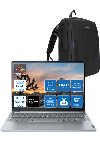 Yoga Slim 6 Ryzen 5 7540U 16GB Lpddr5 Ram 512GB SSD 14" OLED Wuxga Dolby Vision Freedos L82X3004GTXF01 + Zetta Çanta