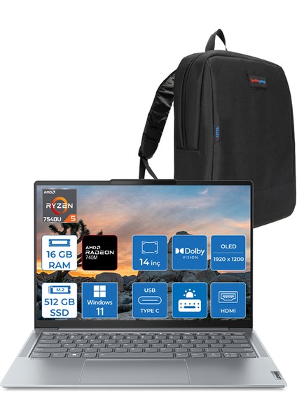 Yoga Slim 6 Ryzen 5 7540U 16GB Lpddr5 Ram 512GB SSD 14" OLED Wuxga Dolby Vision Windows 11 Pro L82X3004GTXWP01 + Zetta Çanta