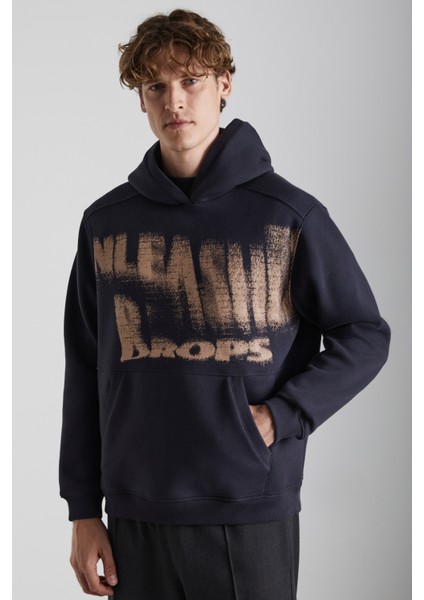 Axel Erkek Örme 3 Iplik Içi Şardonlu Baskılı Regular Fit Kapüşonlu Kanguru Cepli Antrasit Sweatshirt