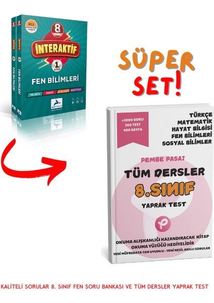 8. Sınıf İnteraktif Fen Bilimleri Soru Bankası - Pembe Pasaj 8. Sınıf Tüm Dersler Yaprak Test - Kitap Okuma Yüzüğü