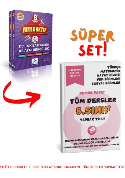 8. Sınıf İnteraktif T.C. İnkılap Tarihi ve Atatürkçülük Soru Kütüphanesi - Pembe Pasaj 8. Sınıf Tüm Dersler Yaprak Test Kitap Okuma Yüzüğü