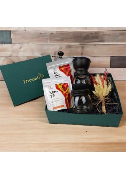 Office Buddy Hediye Seti - Just Roastery Kenya ve Ethiopia Çekirdek Kahve, Seramik Öğütücülü Cam Kahve Değirmeni, Kuru Çiçek Demeti ile Ofis Atmosferinizi Güzelleştirin