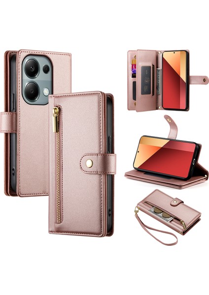 Xiaomi Redmi Note 13 Pro 4g Cüzdan Kılıfı Fermuarlı Deri Telefon Kapağı-Pembe Anti-Düşme Telefon Kılıfı (Yurt Dışından)