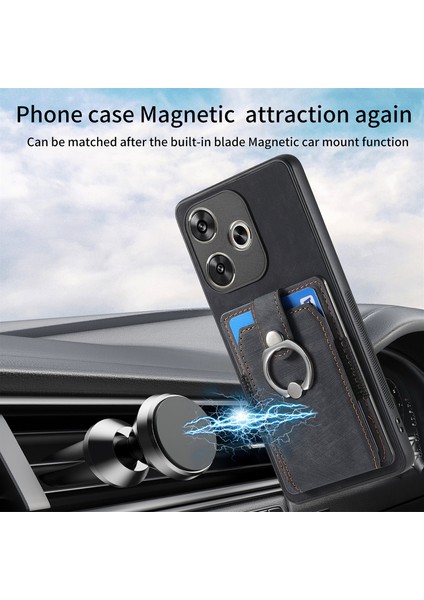 Anti-Düşen Telefon Kılıfı Için Xiaomi Poco F6 5g Retro Kılıf Halka Tutucu Kickstand Deri + Tpu Kaymaz Koruyucu Kapak Kart Yuvaları-Siyah (Yurt Dışından) modelleri