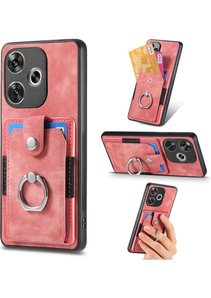Anti-Düşen Telefon Kılıfı Için Xiaomi Poco F6 5g Retro Kılıf Halka Tutucu Kickstand Deri + Tpu Kaymaz Koruyucu Kapak Kart Yuvaları-Pembe (Yurt Dışından)