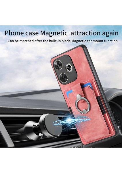 Anti-Düşen Telefon Kılıfı Için Xiaomi Poco F6 5g Retro Kılıf Halka Tutucu Kickstand Deri + Tpu Kaymaz Koruyucu Kapak Kart Yuvaları-Pembe (Yurt Dışından) modelleri