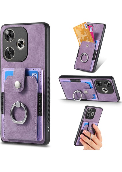Anti-Düşen Telefon Kılıfı Için Xiaomi Poco F6 5g Retro Kılıf Halka Tutucu Kickstand Deri + Tpu Kaymaz Koruyucu Kapak Kart Yuvaları-Mor (Yurt Dışından)