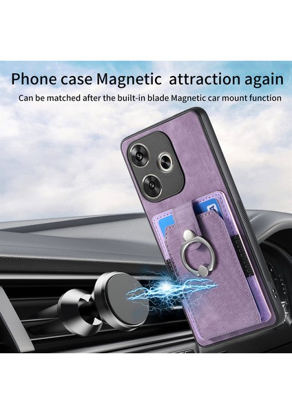 Anti-Düşen Telefon Kılıfı Için Xiaomi Poco F6 5g Retro Kılıf Halka Tutucu Kickstand Deri + Tpu Kaymaz Koruyucu Kapak Kart Yuvaları-Mor (Yurt Dışından) modelleri