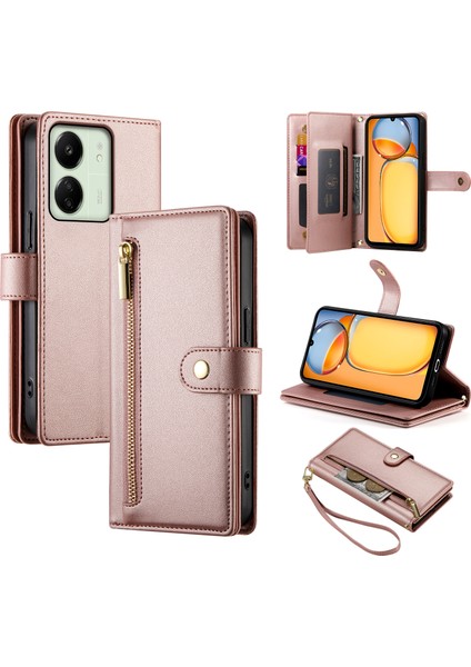 Anti-Düşen Telefon Kılıfı Xiaomi Poco M6 5g Kılıf Fermuar Cüzdan Deri Kapak-Pembe (Yurt Dışından)