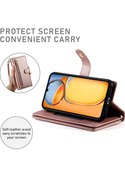 Anti-Düşen Telefon Kılıfı Xiaomi Poco M6 5g Kılıf Fermuar Cüzdan Deri Kapak-Pembe (Yurt Dışından)
